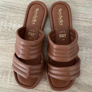 Seychelles Cape May Brown Leather Sandals 2 Strap Slides Size 7 Minimalist Basic